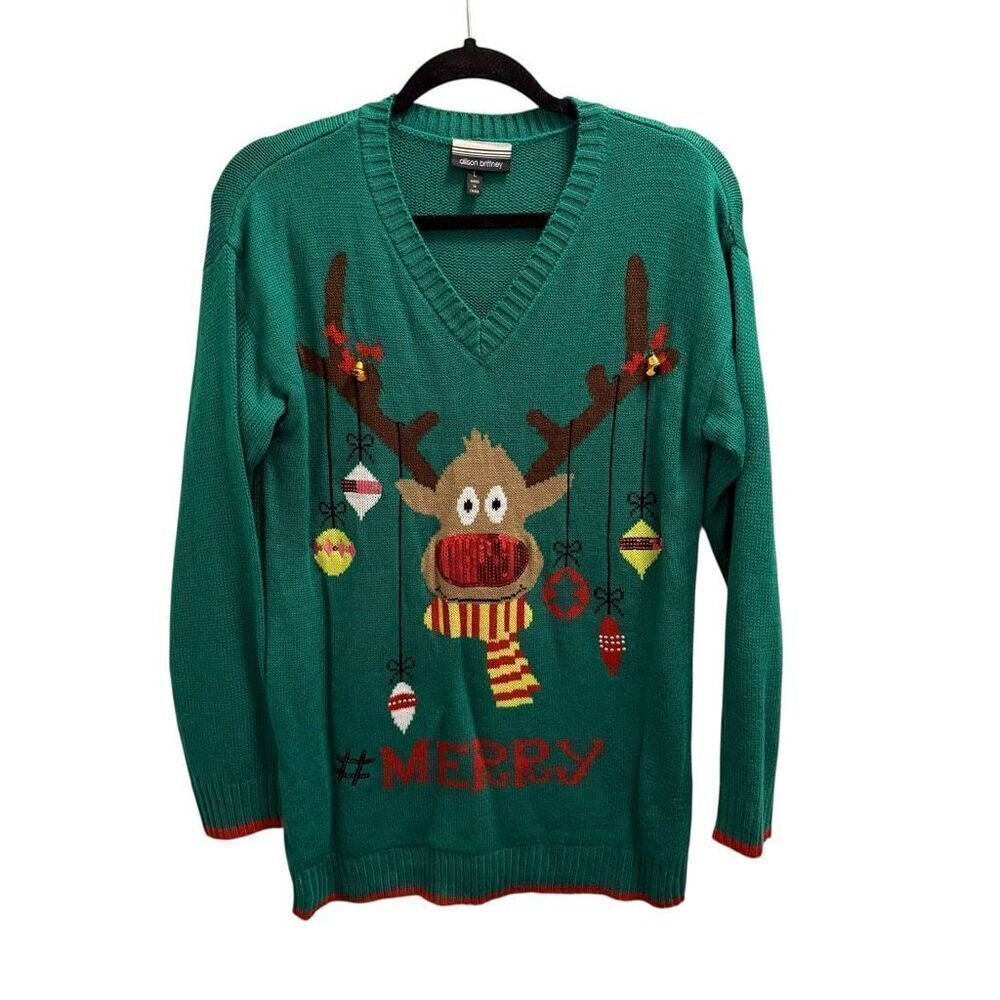 Allison Brittney green reindeer ugly Christmas sweater large